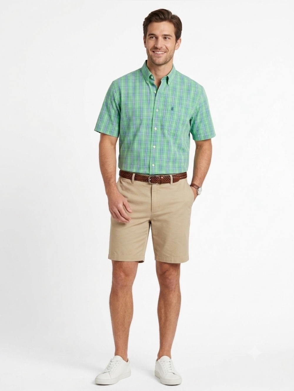 IZOD Green Blue Plaid Button Down Shirt Large Short Sleeve 100% Cotton